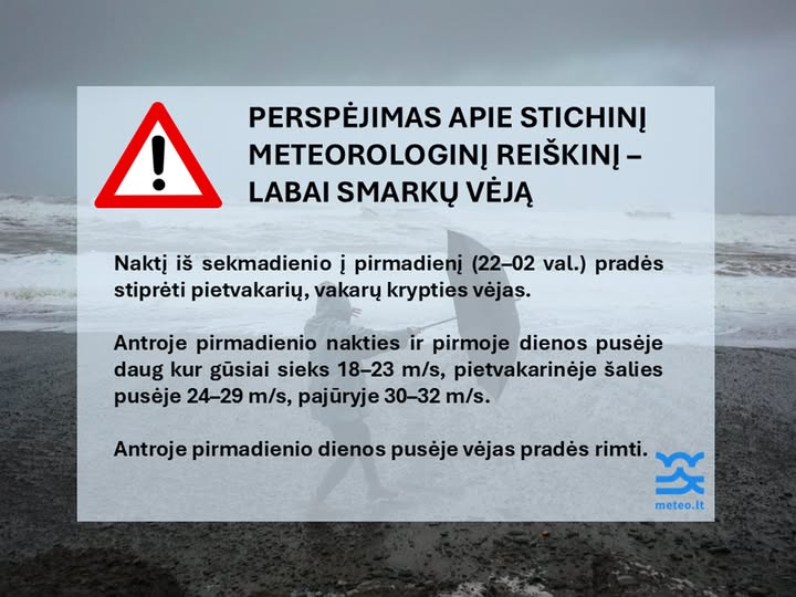 2024-12-15 | Perspėjimas apie stichinį meteorologinį reiškinį – labai smarkų vėją